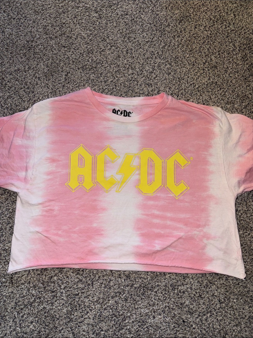 AC/DC Pink and White Tie-Dye Crop Tee with Yellow Logo